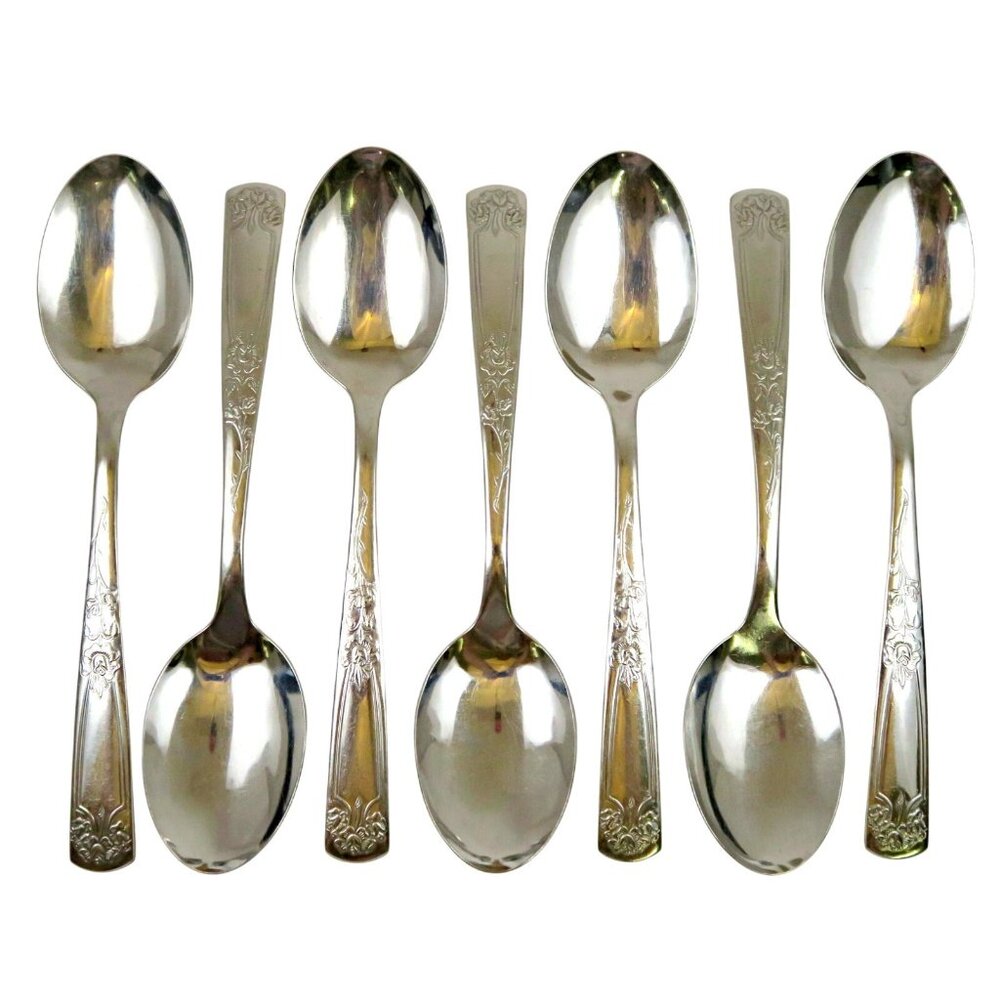 Sears Roebuck Rose Stainless Place Soup Spoons (Set of 7) 7 1/4" Vintage